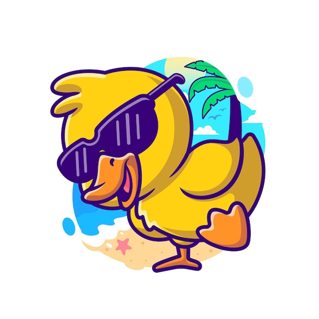 Cool Duck Summer Cartoon Vector Icon Illustration. Animal Holiday Icon Concept Isolated Premium Vector. Flat Cartoon Style