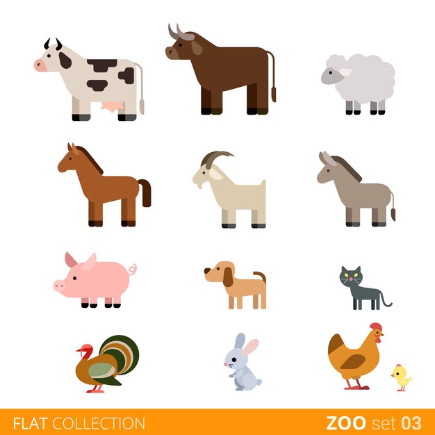 Cool flat design trendy style  animals icon set. Flat zoo children wild farm domestic animal cartoon collection. Cow bull sheep horse goat pig dog cat pets turkey rabbit hare hen chicken.