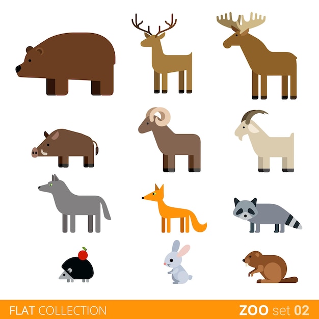 Cool flat design trendy style  animals icon set. Flat zoo children wild farm domestic animal cartoon collection. Coypu bear doe deer boar ram goat wolf fox raccoon hedgehog rabbit hare nutria.