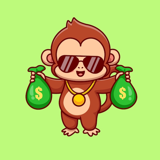 Cool Monkey Holding Money Bag Cartoon Vector Icon Illustration. Animal Finance Icon Concept Isolated Premium Vector. Flat Cartoon Style