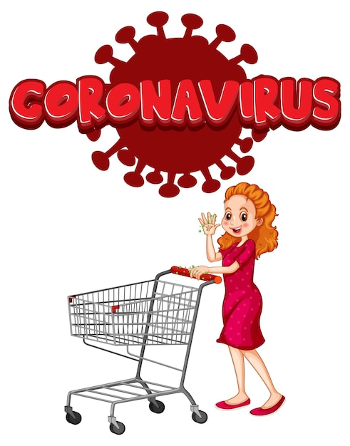 Coronavirus font design with a woman standing by shopping cart isolated on white background