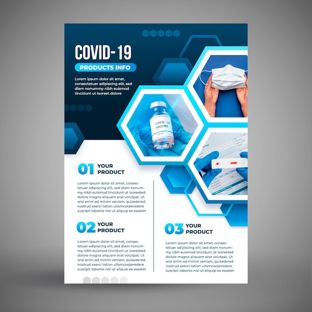 Free vector coronavirus medical products flyer template with photo