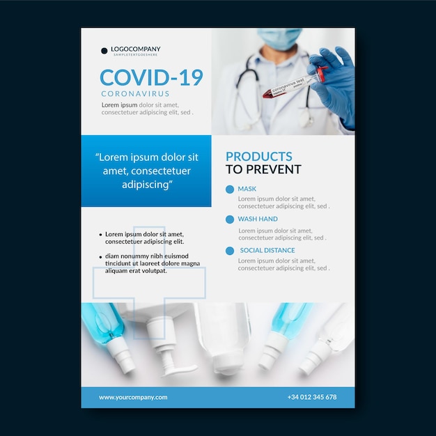 Free vector coronavirus medical products flyer with photo