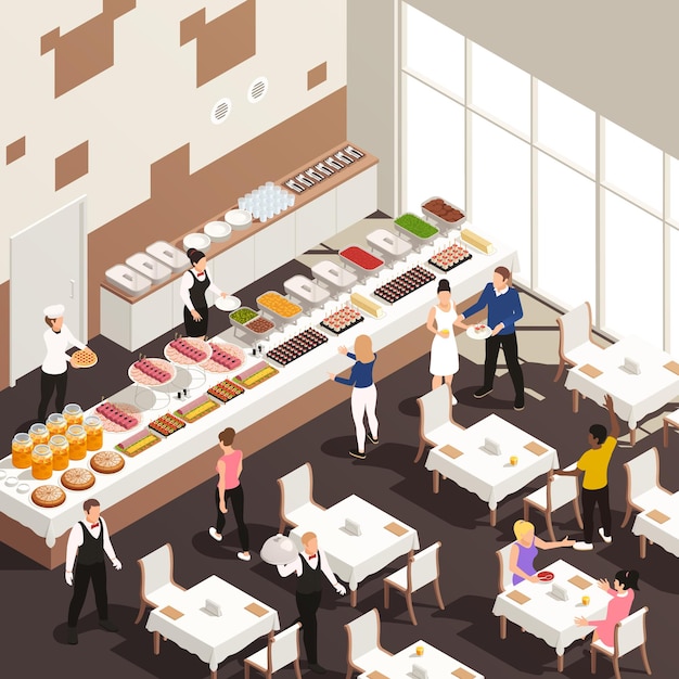 Free Vector corporate events celebrations catering service hall isometric view with white table linens snacks beverages buffet illustration