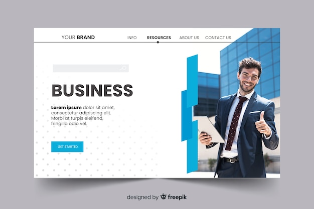 Free Vector corporation business landing page with photo