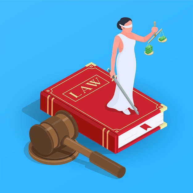 Free Vector corruption bribery money laundering isometric composition blindfolded lady justice holding balance and sword on law book vector illustration