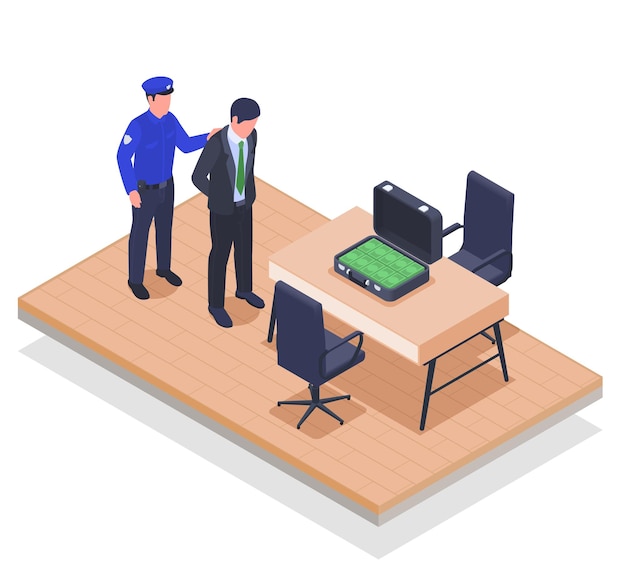 Free Vector corruption money laundering criminal caught in the act with full suitcase of bribe banknotes isometric vector illustration