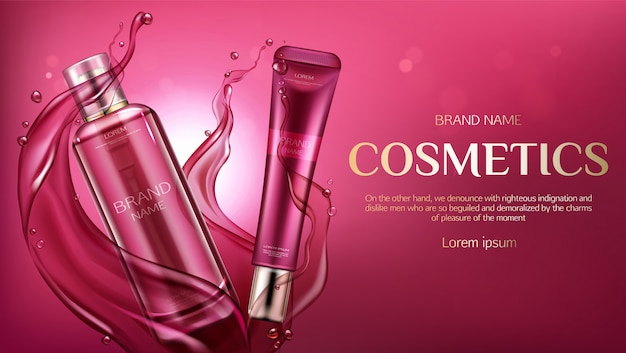 Cosmetic bottles advertising, beauty skin care product banner