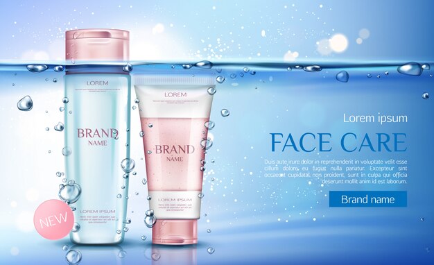 Cosmetic micellar water and scrub bottles, beauty cosmetics products line for face care 