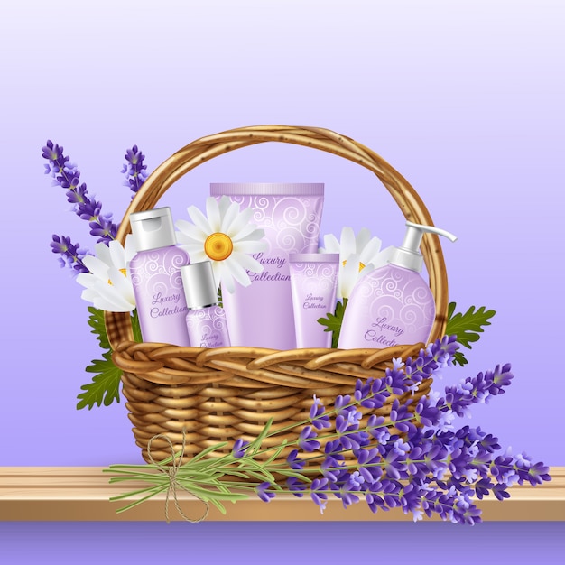 Cosmetic products in wicker basket