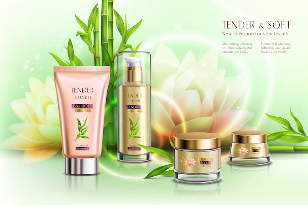 Cosmetics advertising skin softening day night moisturizing cream dispenser tube pots lotus flower realistic composition