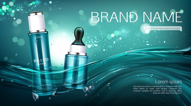 Cosmetics bottles banner. Lotion and serum advertising