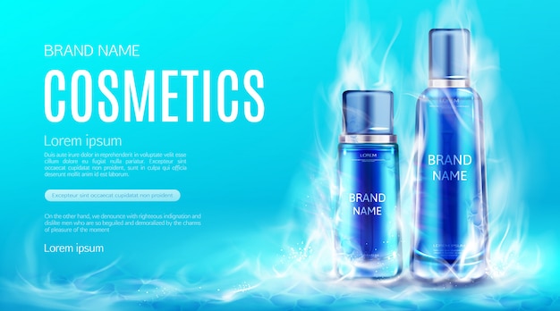 Free Vector cosmetics bottles in dry ice smoke cloud. cooling beauty cosmetic product tubes, makeup remover, cream or tonic advertising banner template