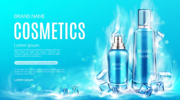 Cosmetics bottles in dry ice steaming cubes 