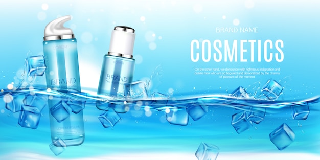 Cosmetics bottles floating in water with ice cubes