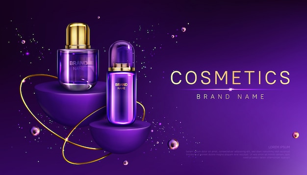 Cosmetics bottles on podium ad banner