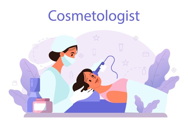 Cosmetologist concept skin care and treatment Young woman treating skin Cosmetic procedure for problematic skin Beauty and plastic treatment Isolated vector illustration