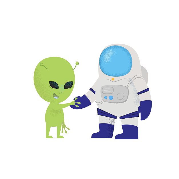 Cosmonaut shaking hand of alien. Character, discovery, exploration.