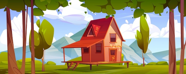 Free Vector cottage on field at mountain valley landscape