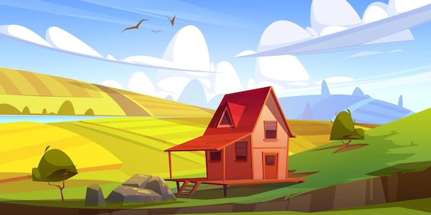 Free Vector cottage on green field wooden house on stilts