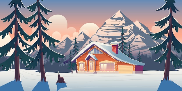 Free Vector cottage house in winter mountains cartoon illustration