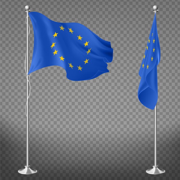 Council of Europe, European Union or Commission flag lying, fluttering on flagpole 3d realistic vectors isolated on transparent. International organization, institution official symbol