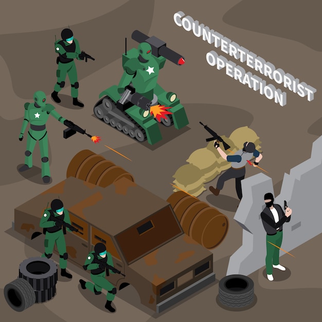 Free Vector counterterrorist operation isometric composition