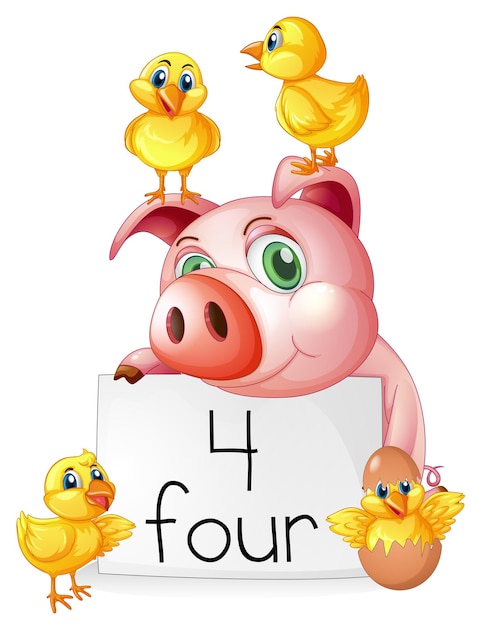 Free Vector counting number four with pig and chicks