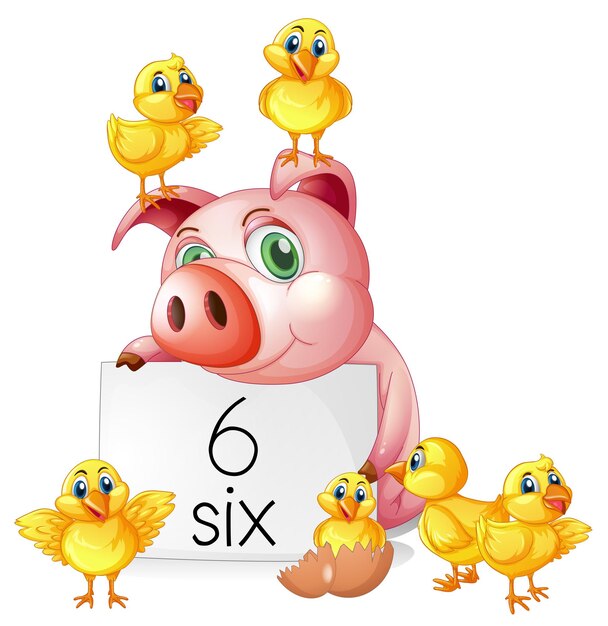 Counting number six with pig and chicks