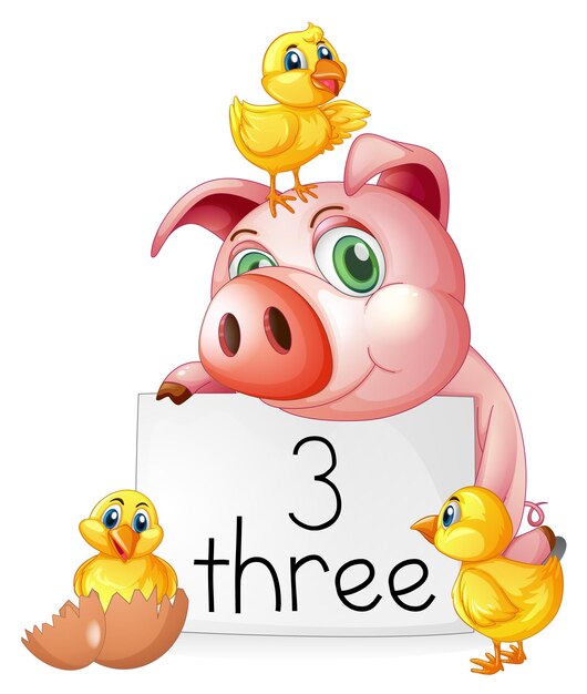 Counting number three with pig and chicks