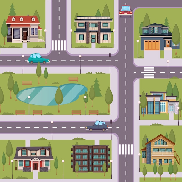 Free Vector countryside flat template with suburban residential houses 