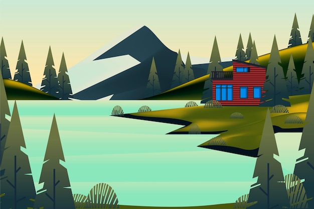 Free Vector countryside landscape with mountain and house