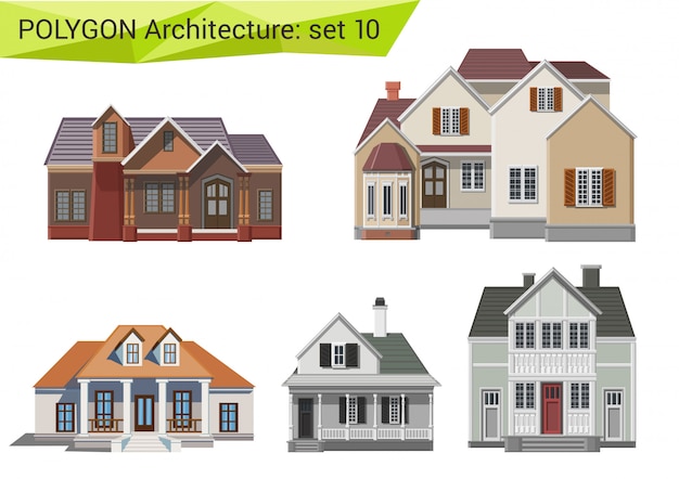 Countryside and suburb houses and buildings polygonal style set.