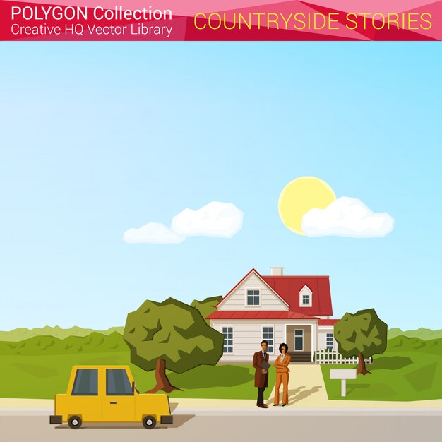 Countyside landscape concept. People with car near house polygonal style illustration.