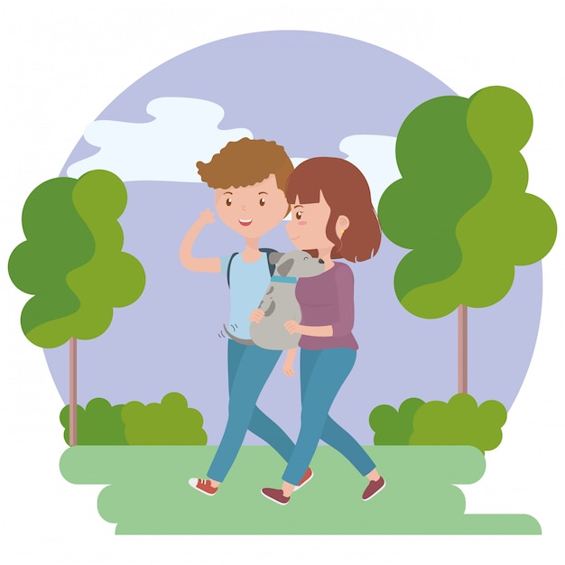 Free Vector couple of boy and girl with dog 