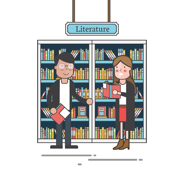 Free Vector couple by the bookshelves vector