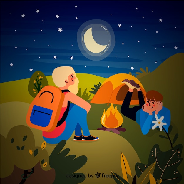 Couple camping at night background