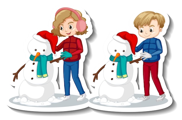 Free vector couple children building snowman cartoon character sticker