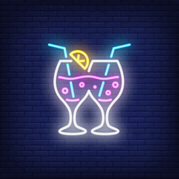 Couple of cocktail glasses. Neon sign element