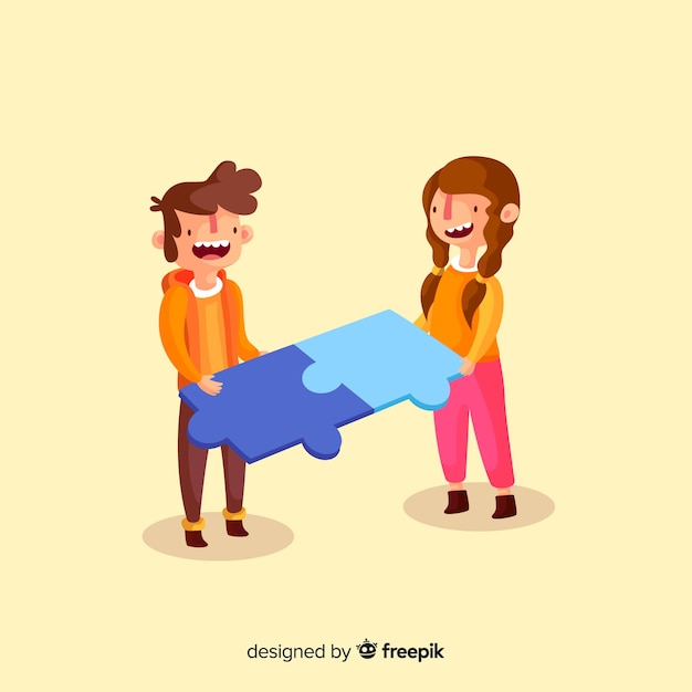 Couple connecting puzzle pieces colorful background