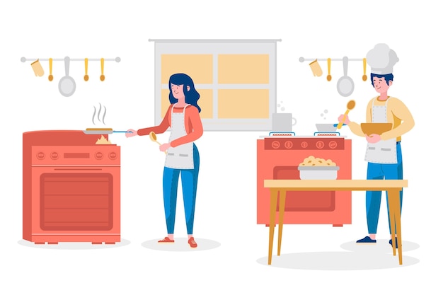 Free Vector couple cooking together in the house