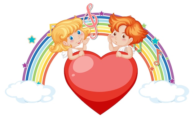 Couple of cupid angel character with melody symbols on rainbow