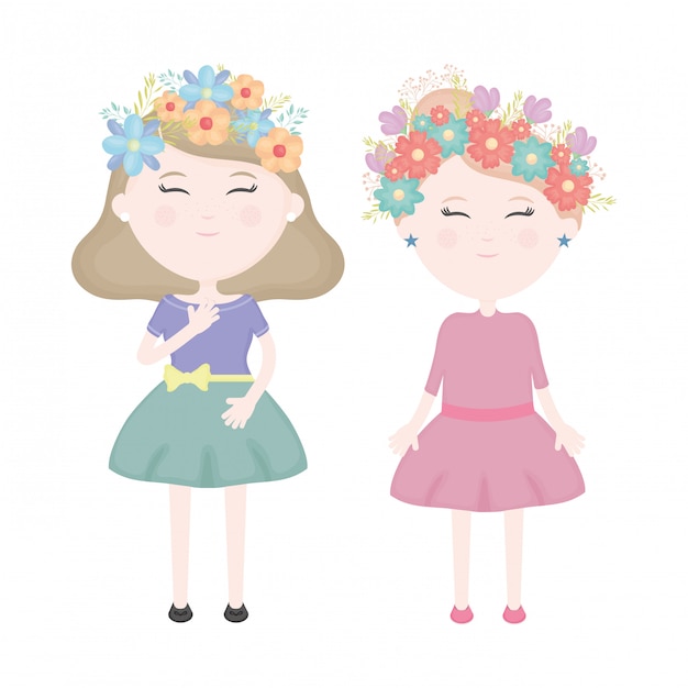 Couple of cute girls with floral crown in the hair characters