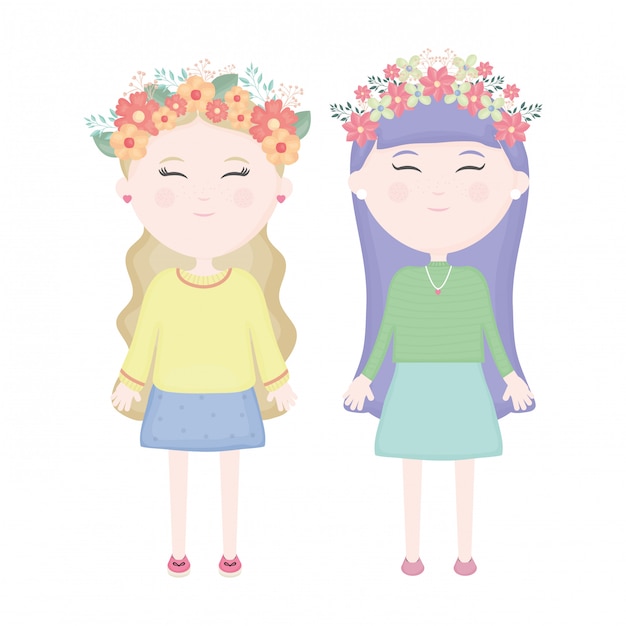 Couple of cute girls with floral crown in the hair characters