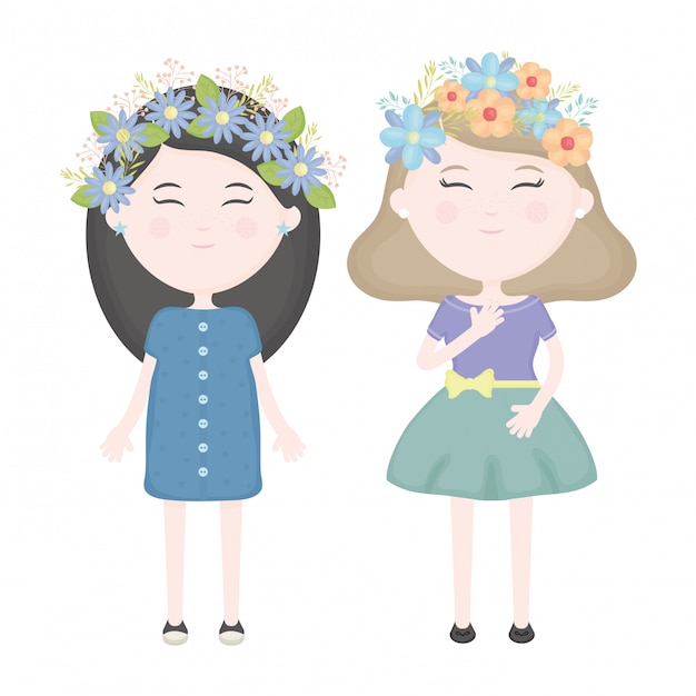 Couple of cute girls with floral crown in the hair characters