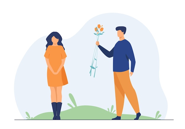 Couple dating outdoors. Guy giving flowers to girlfriend. Cartoon illustration