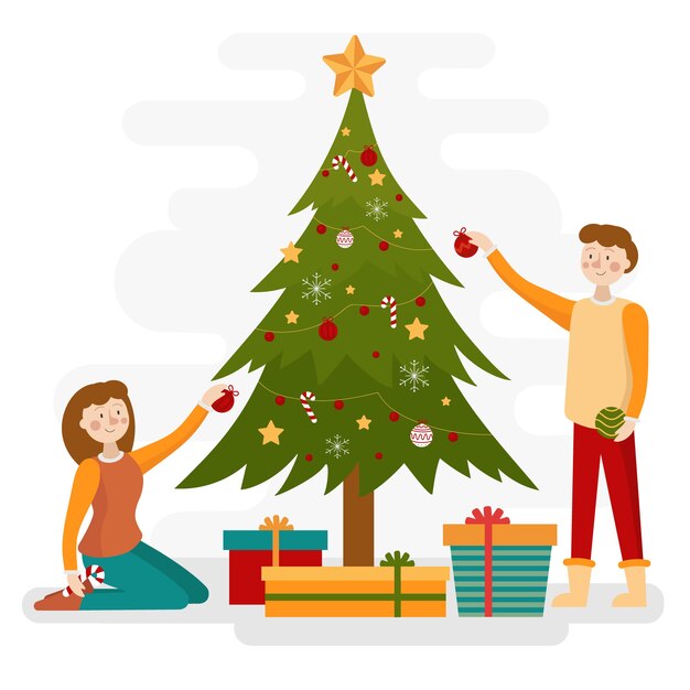 Couple decorating the christmas tree winter season background