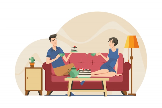 Couple drinking tea in apartment