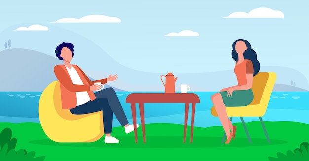 Couple drinking tea in cafe on nature. Lake, cup, rest flat vector illustration. Vacation and leisure concept 