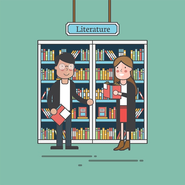 Free Vector couple of friends at literature section 